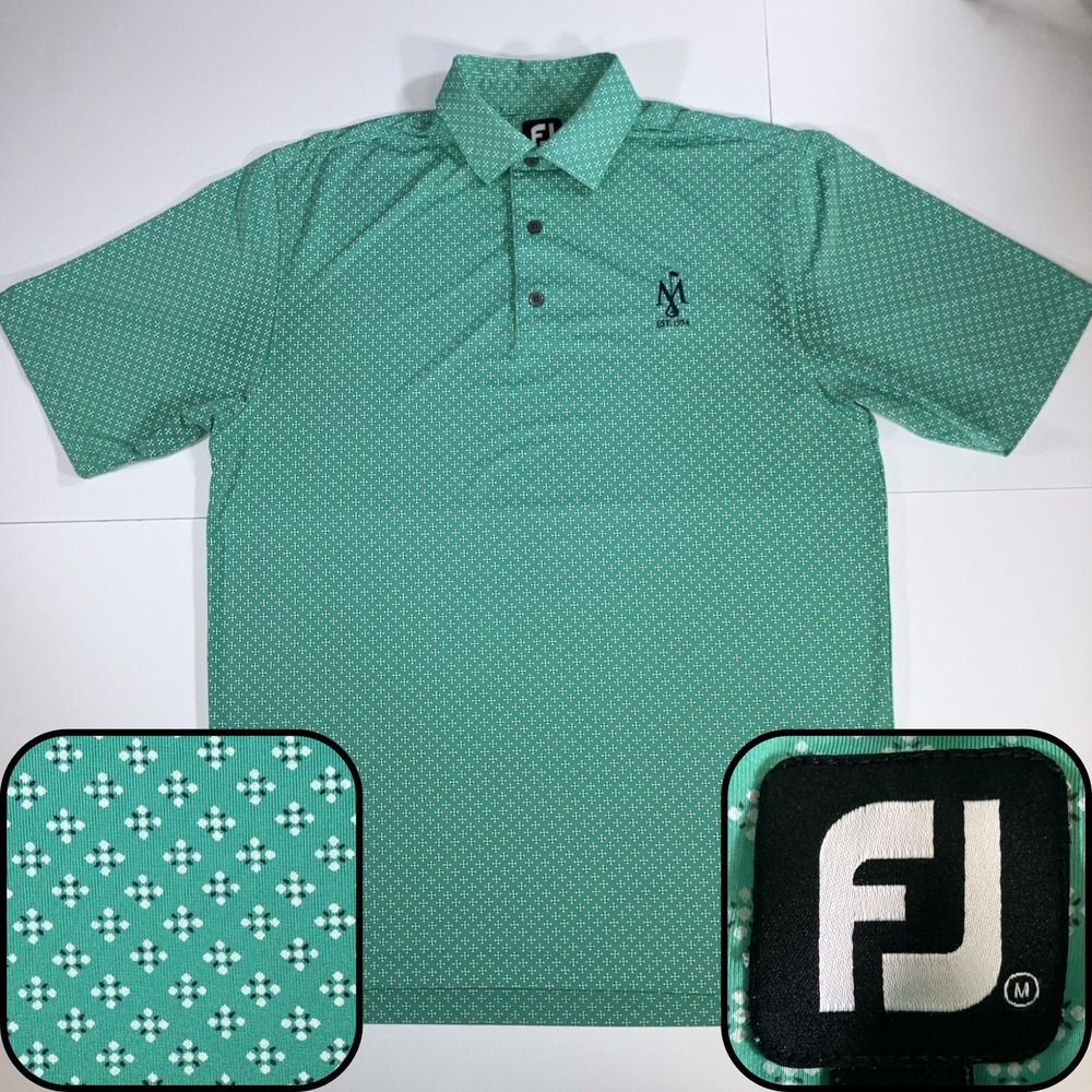 FJ FootJoy Polo Shirt Mens Medium Green Floral Geometric Short Sleeve Golf